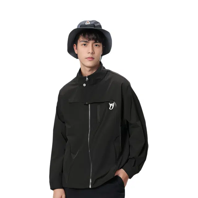 玉儿恋 纯色立领宽松落肩拉链长袖夹克外套 男款 黑色