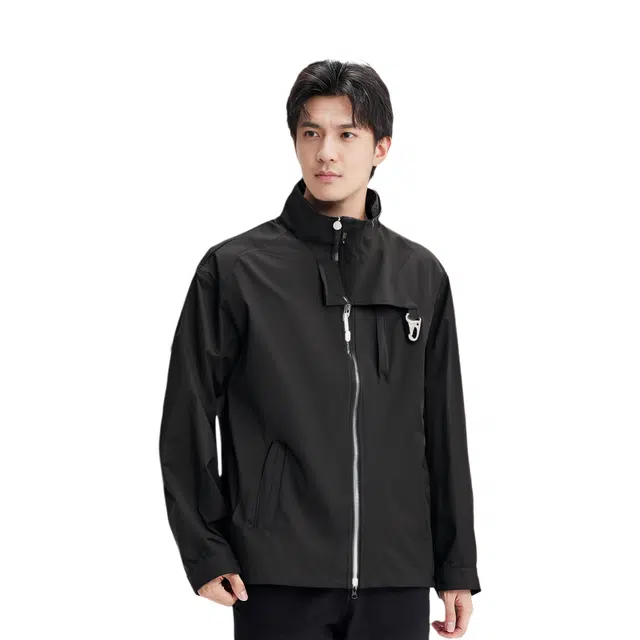 玉儿恋 纯色立领宽松落肩拉链长袖夹克外套 男款 黑色