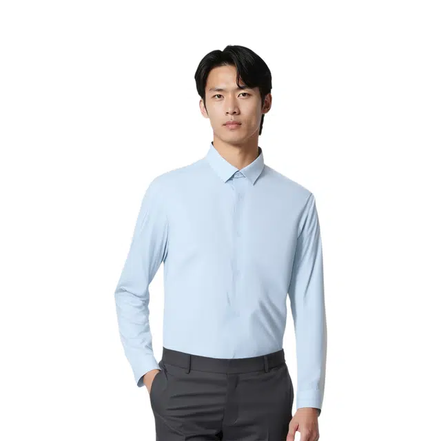 超级安踏 纯色纽扣舒适透气百搭休闲长袖衬衫 男款 冰冻蓝
