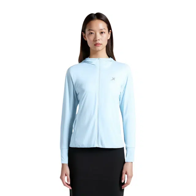 特步 纯色拉链连帽薄款舒适运动防晒服 男女同款 微光蓝