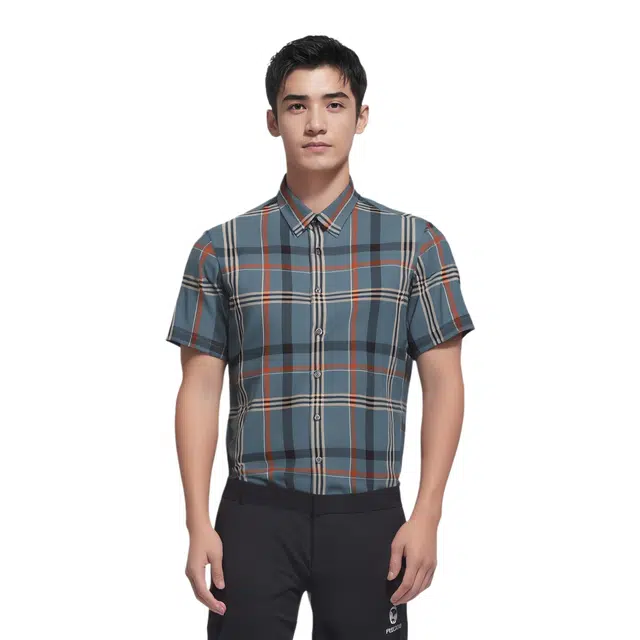 才子 舒适格纹提花蚕丝时尚百搭简约夏季短袖衬衫 男款