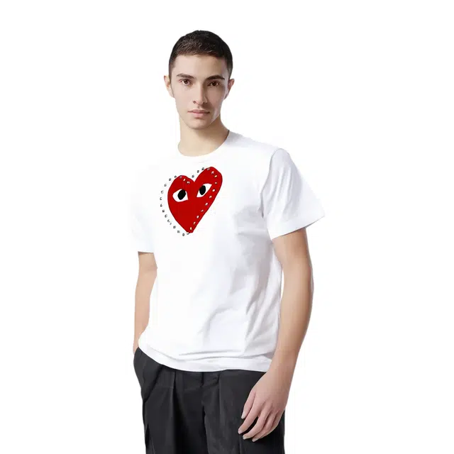 CDG Play FW24 Holiday Logo Heart Studded Tee Red