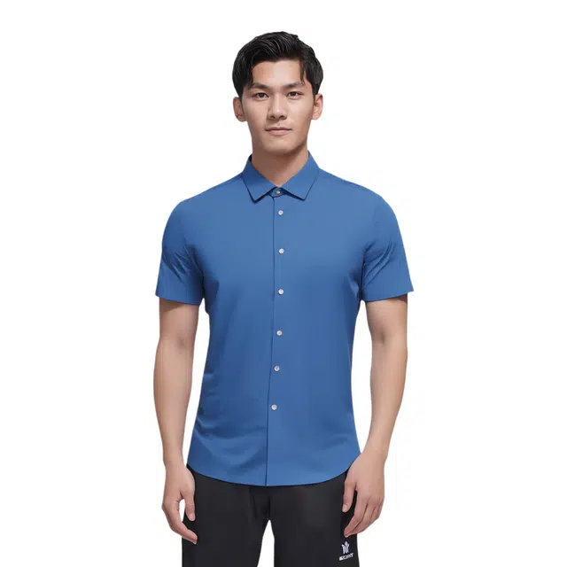 才子 透气柔滑方格纹休闲纯色修身短袖衬衫 男款