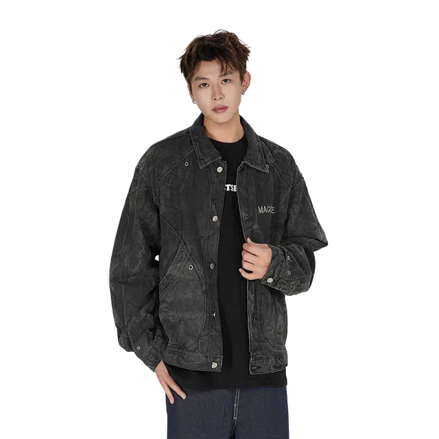 北极绒 美式复古水洗扎染小众铆钉结构潮牌设计感宽松牛仔外套 男款