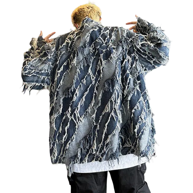 北极绒 洗水流苏毛边潮牌痞帅秋季宽松美式牛仔外套 男款