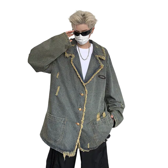 北极绒 做旧毛边破洞西装领春秋宽松水洗复古风牛仔外套 男款