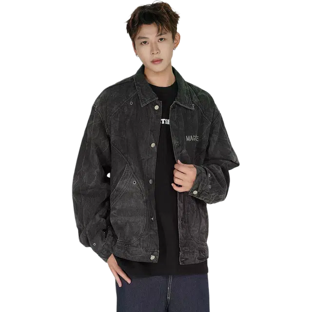 北极绒 美式复古水洗扎染小众铆钉结构潮牌设计感宽松牛仔外套 男款