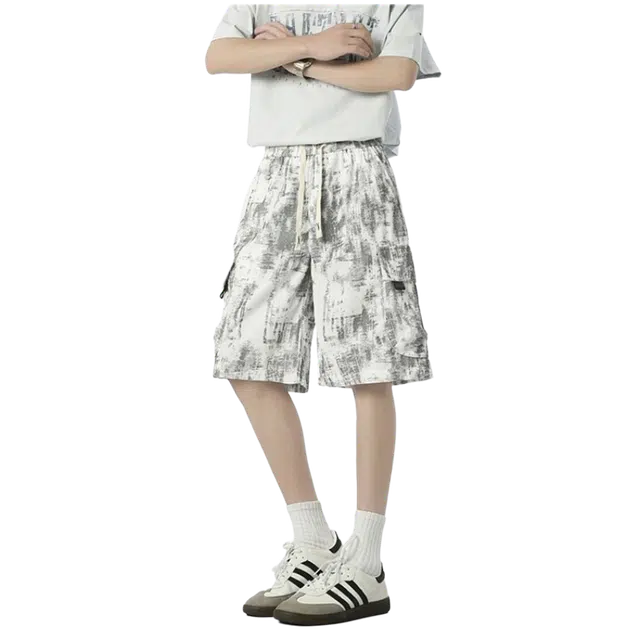 木木兔 美式扎染潮牌百搭透气时尚休闲直筒五分裤工装短裤 男款