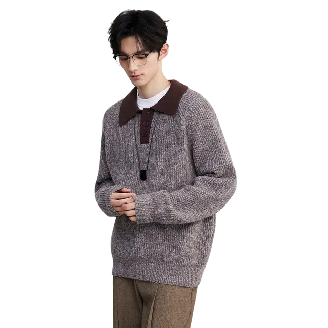 独驰 独驰复古老钱风翻领男秋冬美式插肩袖高级长袖上衣针织衫 男女同款