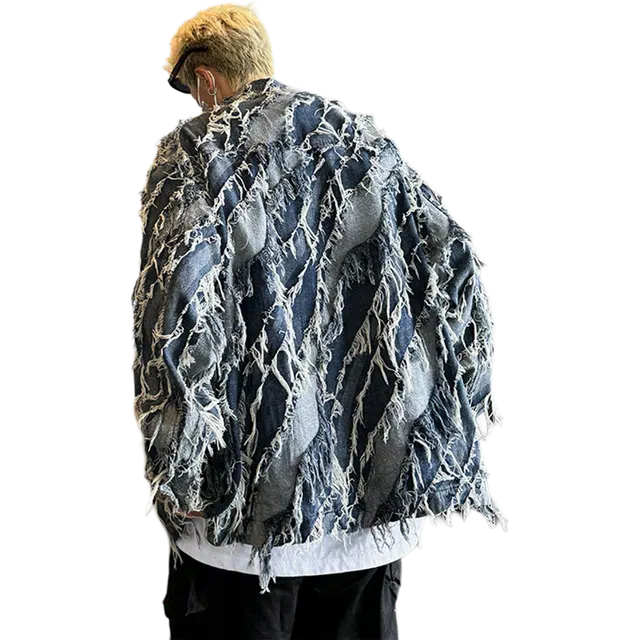 北极绒 洗水流苏毛边潮牌痞帅秋季宽松美式牛仔外套 男款