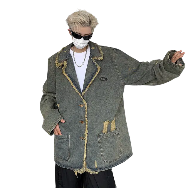 北极绒 做旧毛边破洞西装领春秋宽松水洗复古风牛仔外套 男款
