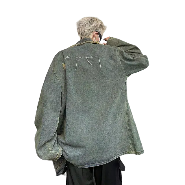 北极绒 做旧毛边破洞西装领春秋宽松水洗复古风牛仔外套 男款