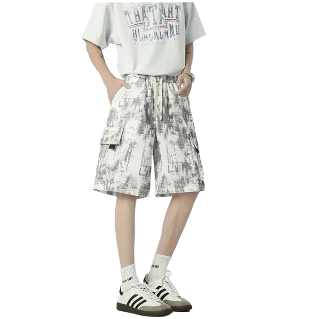 木木兔 美式扎染潮牌百搭透气时尚休闲直筒五分裤工装短裤 男款