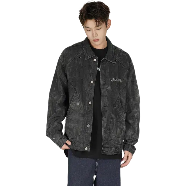 北极绒 美式复古水洗扎染小众铆钉结构潮牌设计感宽松牛仔外套 男款