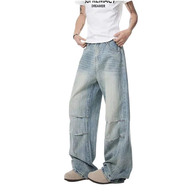 一碗士多 褶皱水洗做旧渐变设计感解构美式高街直筒阔腿裤宽松日常百搭韩系潮流小众牛仔裤 男女同款