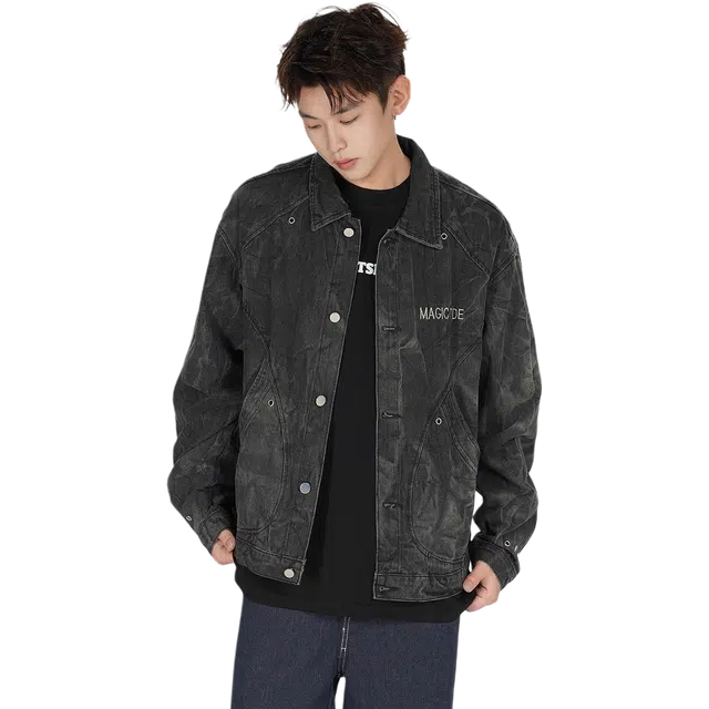 北极绒 美式复古水洗扎染小众铆钉结构潮牌设计感宽松牛仔外套 男款
