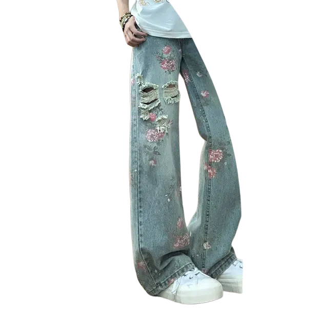 臣目 美式高街花卉破洞牛仔裤男款夏季高级感显瘦裤子玫瑰满印直筒裤长裤 男女同款