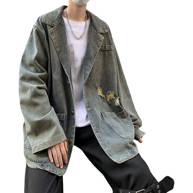 北极绒 美式复古破洞韩版潮流宽松痞帅水洗休闲百搭牛仔外套 男款