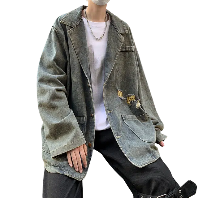 北极绒 美式复古破洞韩版潮流宽松痞帅水洗休闲百搭牛仔外套 男款