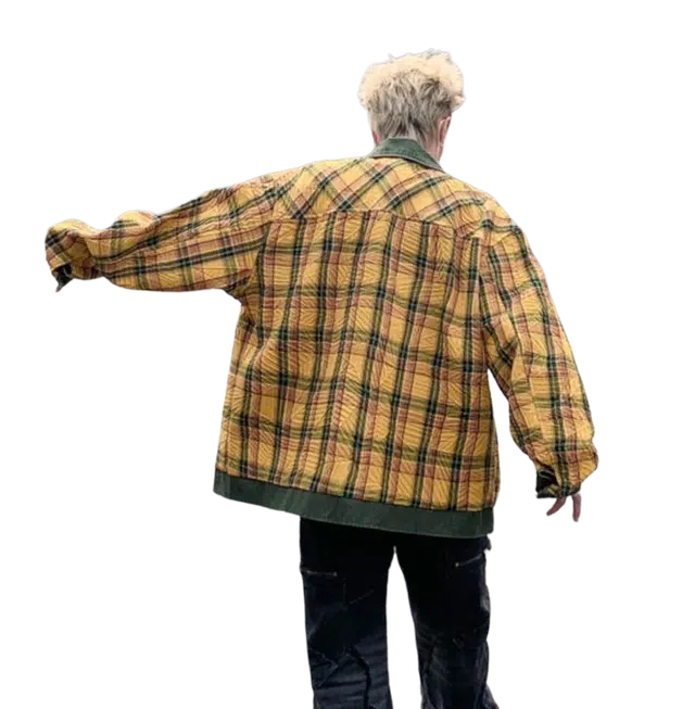 地界二 复古美式拼接格子撞色翻领男街头小众宽松高级感外套拼接格子撞色宽松夹克 男款