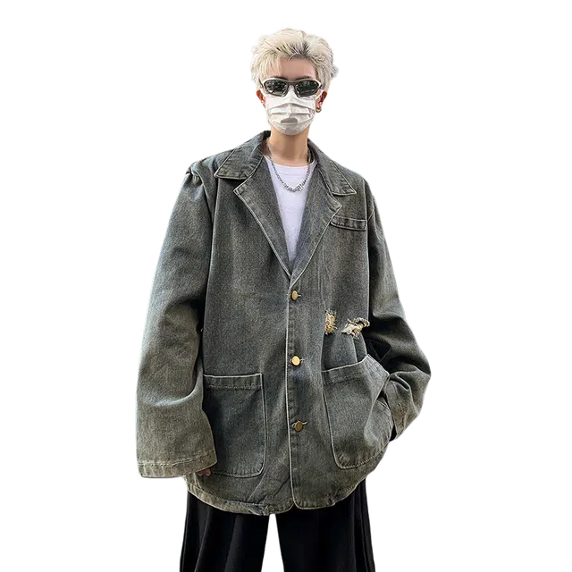 北极绒 美式复古破洞韩版潮流宽松痞帅水洗休闲百搭牛仔外套 男款