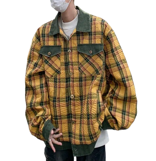 地界二 复古美式拼接格子撞色翻领男街头小众宽松高级感外套拼接格子撞色宽松夹克 男款