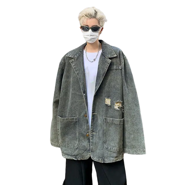 北极绒 美式复古破洞韩版潮流宽松痞帅水洗休闲百搭牛仔外套 男款