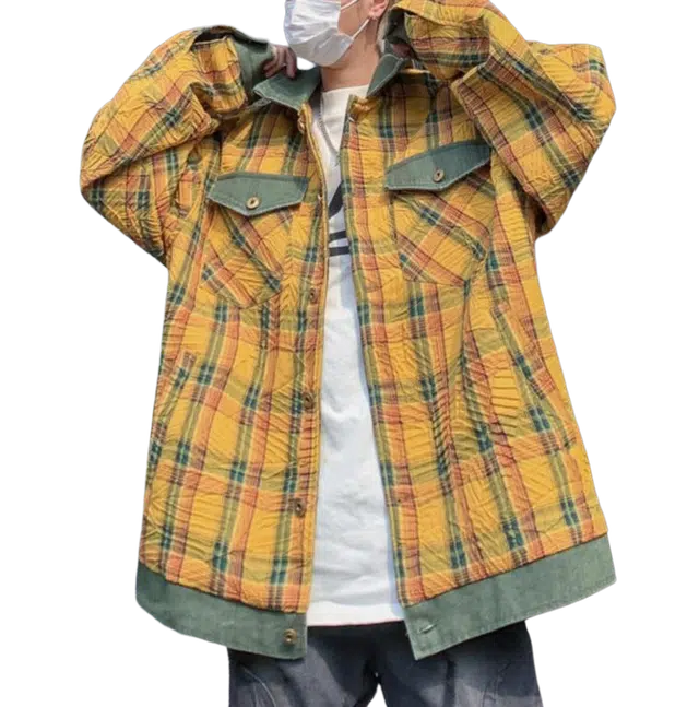 地界二 复古美式拼接格子撞色翻领男街头小众宽松高级感外套拼接格子撞色宽松夹克 男款