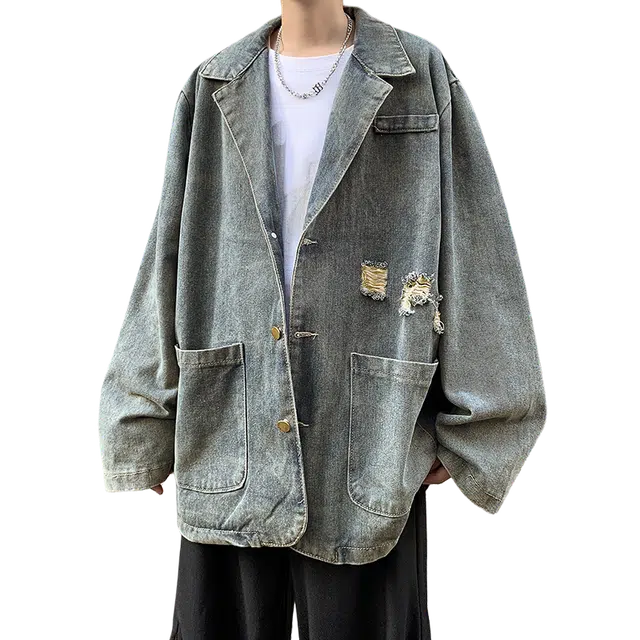 北极绒 美式复古破洞韩版潮流宽松痞帅水洗休闲百搭牛仔外套 男款