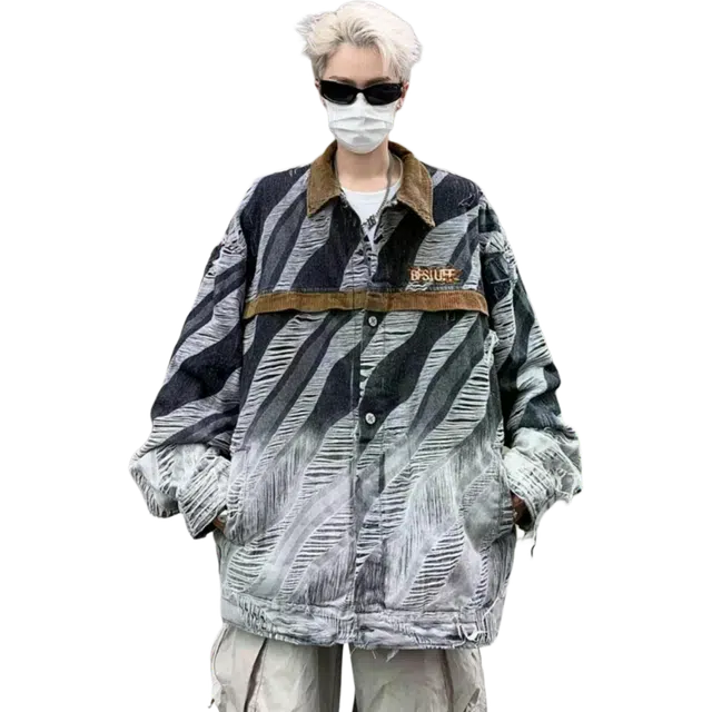 北极绒 高级感渐变扎染破坏风痞帅宽松休闲工装翻领牛仔外套 男款