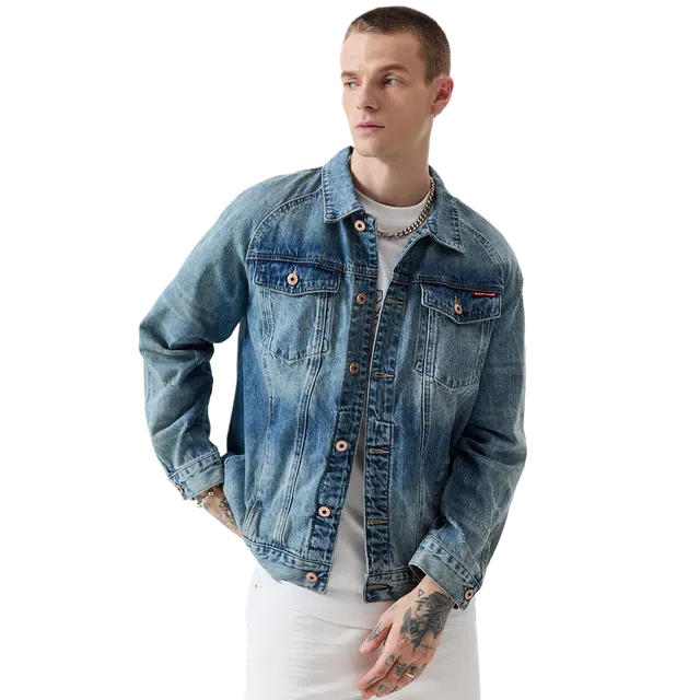 逆腾 美式复古工装宽松翻领牛仔外套 男女同款