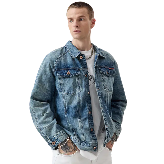 逆腾 美式复古工装宽松翻领牛仔外套 男女同款