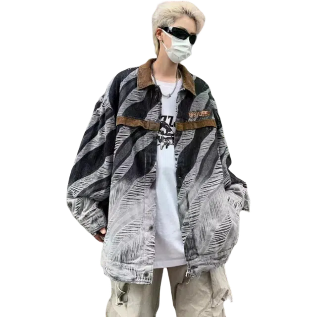 北极绒 高级感渐变扎染破坏风痞帅宽松休闲工装翻领牛仔外套 男款