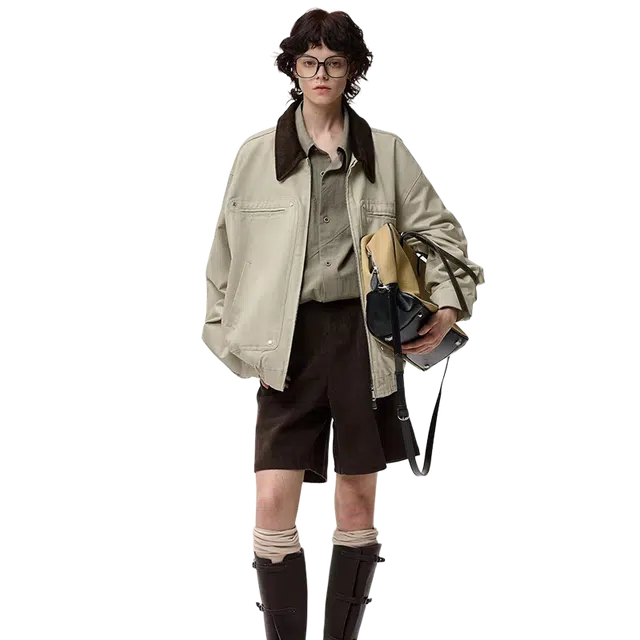 一碗士多  复古巴恩风高街痞帅美式纯色百搭小众宽松舒适个性通勤日常户外运动翻领落肩袖棒球服 男女同款