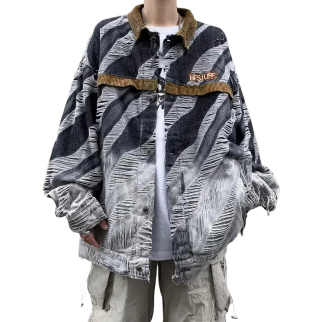 北极绒 高级感渐变扎染破坏风痞帅宽松休闲工装翻领牛仔外套 男款