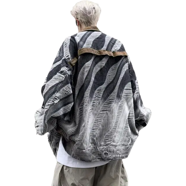 北极绒 高级感渐变扎染破坏风痞帅宽松休闲工装翻领牛仔外套 男款