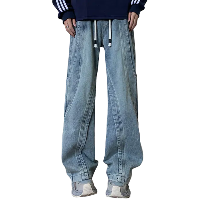 一碗士多 美式复古高街水洗拼接做旧小众百搭设计感系带松紧腰阔腿直筒宽松日常通勤运动个性时尚基础款牛仔裤 男女同款