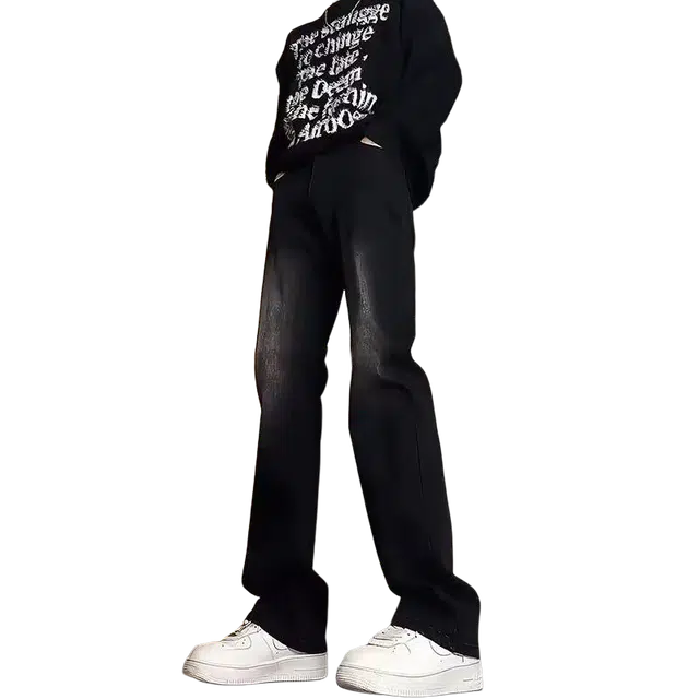 一碗士多 水洗做旧渐变磨白潮流美式复古显高显瘦日常百搭休闲拉链弯刀裤痞帅重磅高街设计感牛仔裤 男女同款