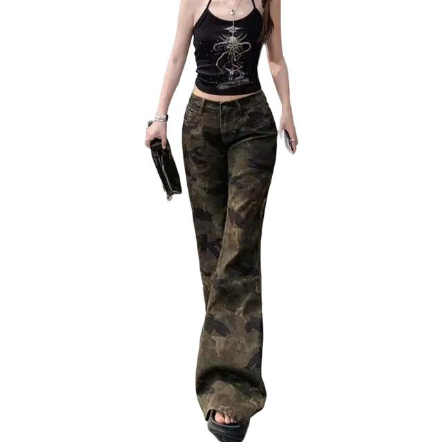一碗士多 迷彩微喇水洗做旧小众潮流美式高街垂感好不贴腿日常休闲百搭显瘦显高拖地裤修身松弛感牛仔裤 男女同款