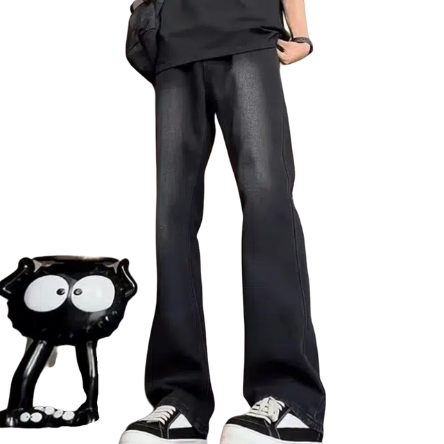 一碗士多 水洗做旧渐变磨白潮流美式复古显高显瘦日常百搭休闲拉链弯刀裤痞帅重磅高街设计感牛仔裤 男女同款