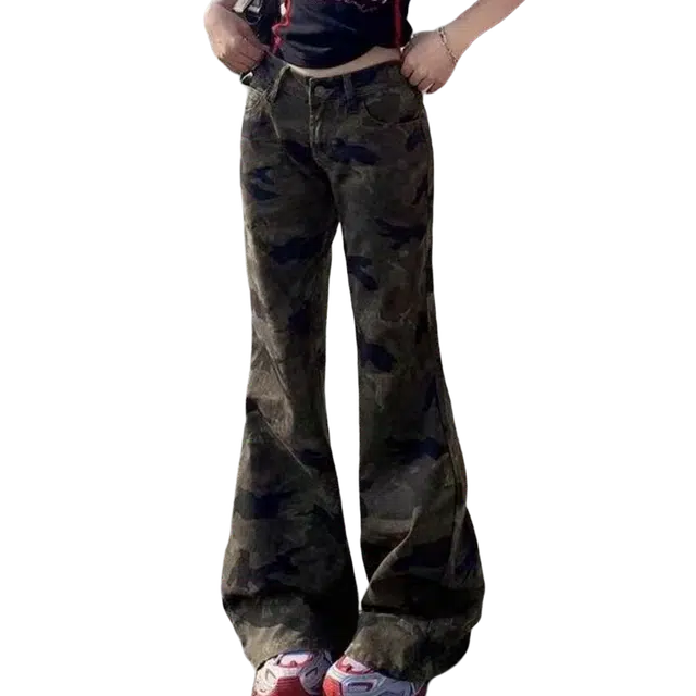 一碗士多 迷彩微喇水洗做旧小众潮流美式高街垂感好不贴腿日常休闲百搭显瘦显高拖地裤修身松弛感牛仔裤 男女同款