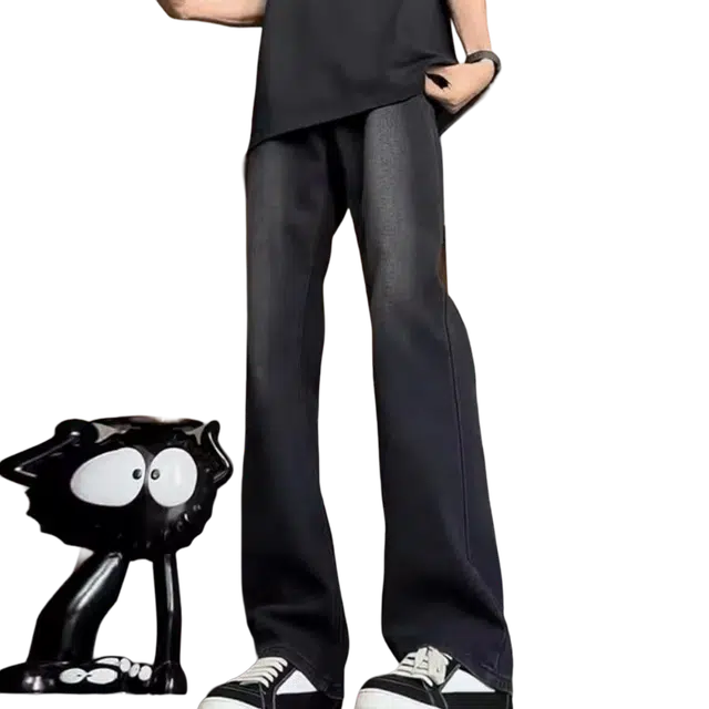 一碗士多 水洗做旧渐变磨白潮流美式复古显高显瘦日常百搭休闲拉链弯刀裤痞帅重磅高街设计感牛仔裤 男女同款