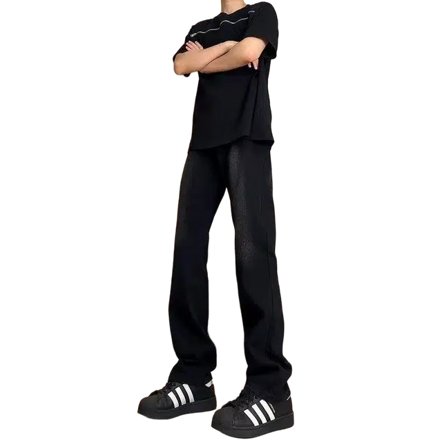 一碗士多 水洗做旧渐变磨白潮流美式复古显高显瘦日常百搭休闲拉链弯刀裤痞帅重磅高街设计感牛仔裤 男女同款