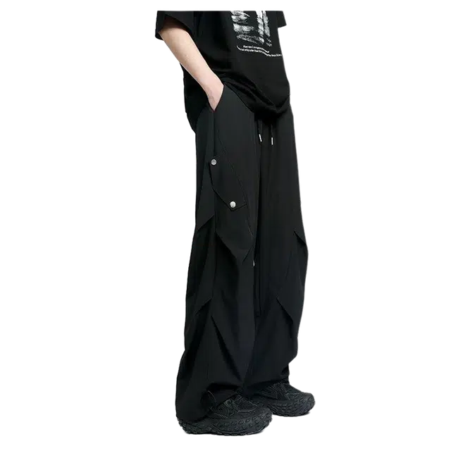 引领潮流虫小绿 美式复古高街简约时尚设计感纯色褶皱透气日常通勤百搭铆钉弯刀阔腿宽松舒适冰丝凉爽速干直筒休闲裤 男女同款