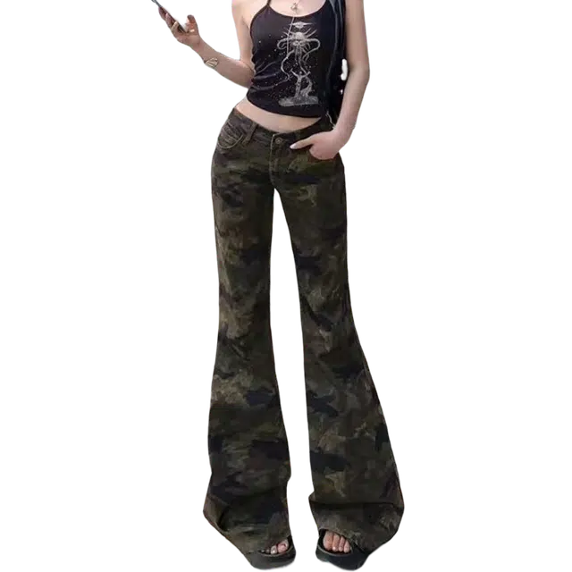 一碗士多 迷彩微喇水洗做旧小众潮流美式高街垂感好不贴腿日常休闲百搭显瘦显高拖地裤修身松弛感牛仔裤 男女同款
