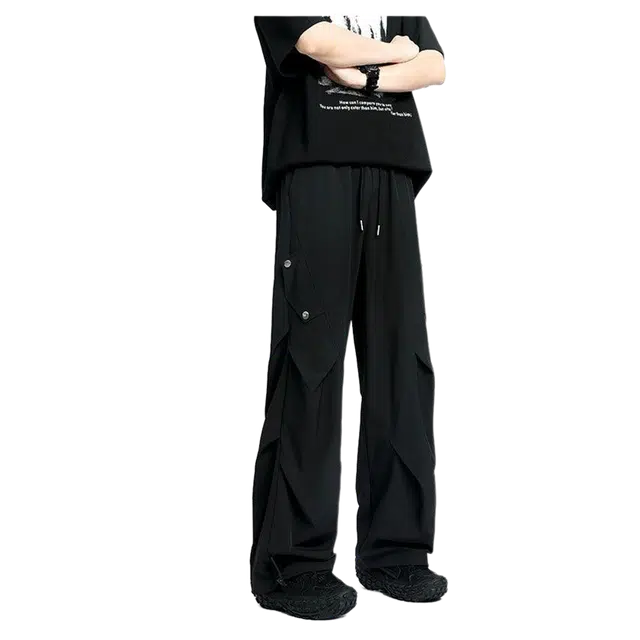 引领潮流虫小绿 美式复古高街简约时尚设计感纯色褶皱透气日常通勤百搭铆钉弯刀阔腿宽松舒适冰丝凉爽速干直筒休闲裤 男女同款