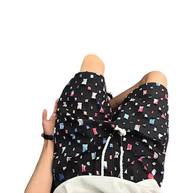 佑麟 彩色格子潮牌设计感外穿五分裤美式宽松破洞休闲短裤 男女同款
