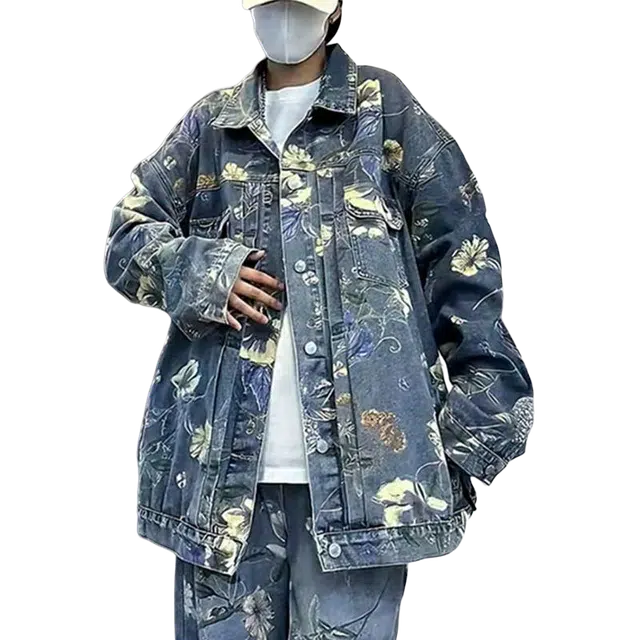 北极绒 美式复古印花潮牌高街宽松牛仔外套 男款