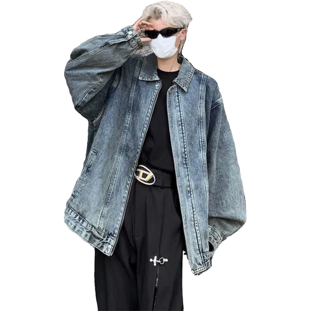 北极绒 潮牌拉链做旧街头水洗美式复古高街休闲翻领长袖牛仔外套 男款