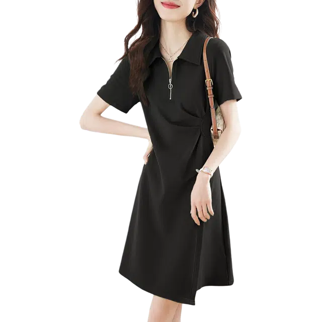 沫晗依美 纯色舒适翻领短袖连衣裙 女款 黑色